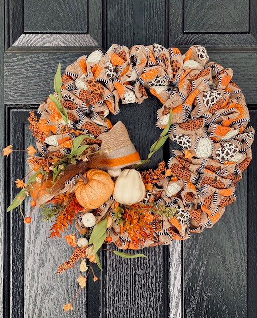 Wreath With Leopard Print Pumpkins on Burlap Ribbon